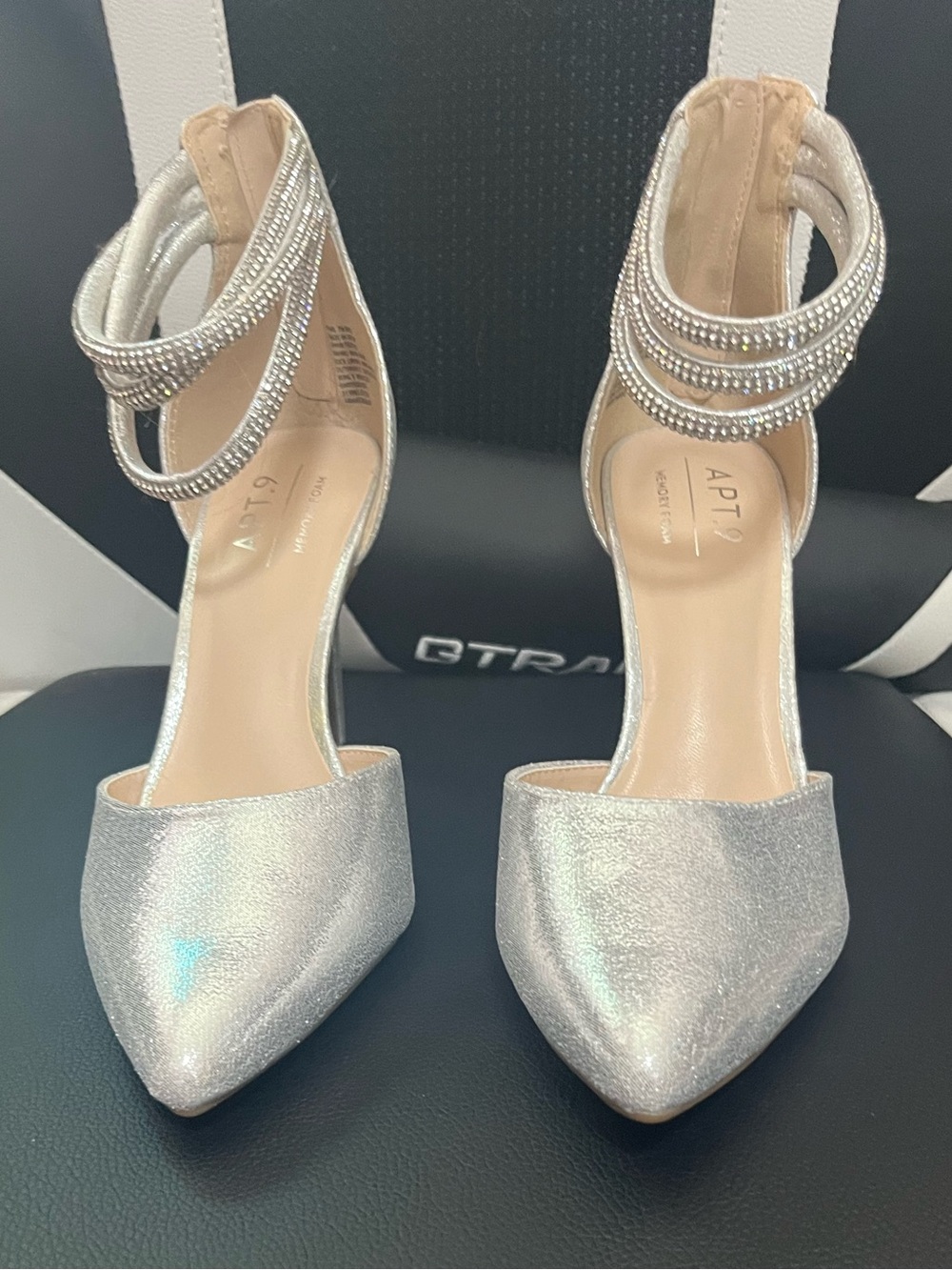 Silver bling ankle strap heels